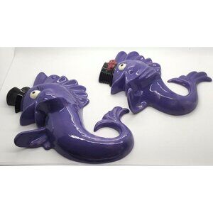 Anthropomorphic Seahorse Wall Hanging Chalkware Top Hat Bow Tie Bow Deep Purple